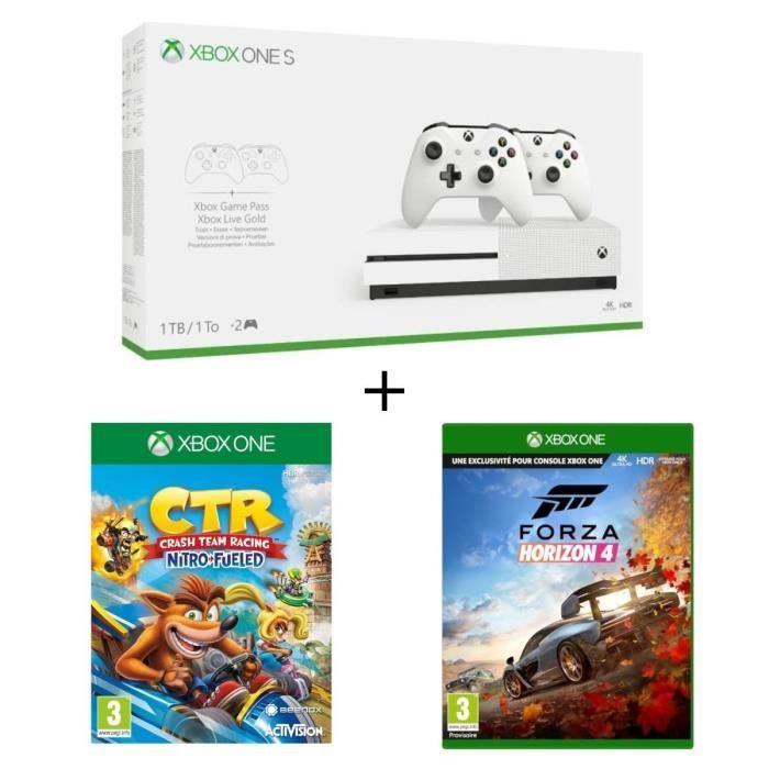 Xbox One S 1To 2 manettes +Crash Team Racing Nitro Fueled Jeu + Forza Horizon 4 Jeu Xbox One